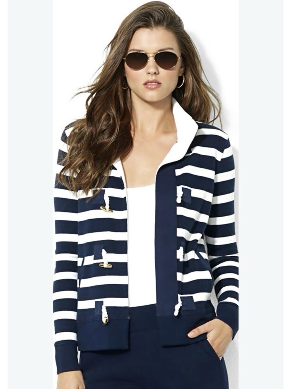 Ralph Lauren Nautical Navy White Striped Cotton Rope Toggle Cardigan Sz M